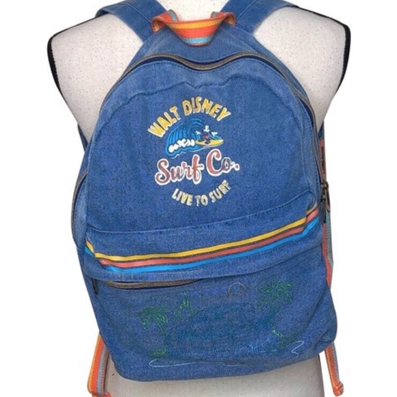 Walt Disney World Mickey & friends Surf Co. denim rainbow strap backpack - Picture 2 of 15